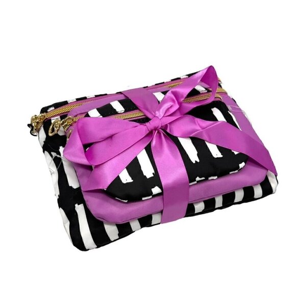 NWT Trina Set of 3 PCs Cosmetic Makeup Bag Cases Black & White Stripes Pink - Picture 7 of 9